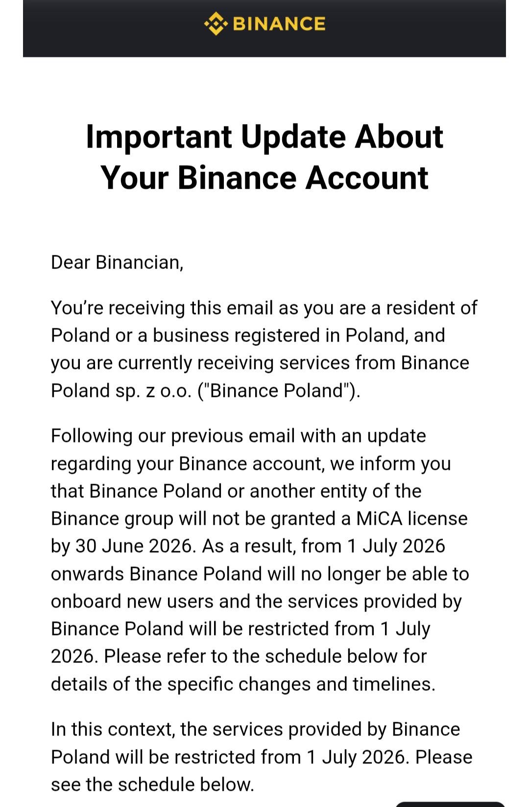Evropským uživatelům začínají chodit emaily ohledně budoucnosti Binance. Zdroj: X