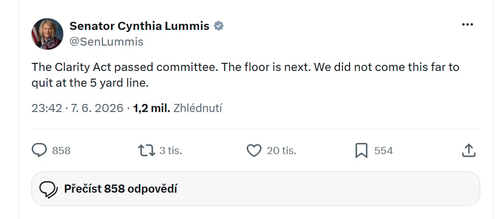 Zákon CLARITY Act úspěšně prošel výborem. Dalším krokem je hlasování v Senátu. Nedostali jsme se až sem proto, abychom to vzdali pět yardů před cílovou čárou.