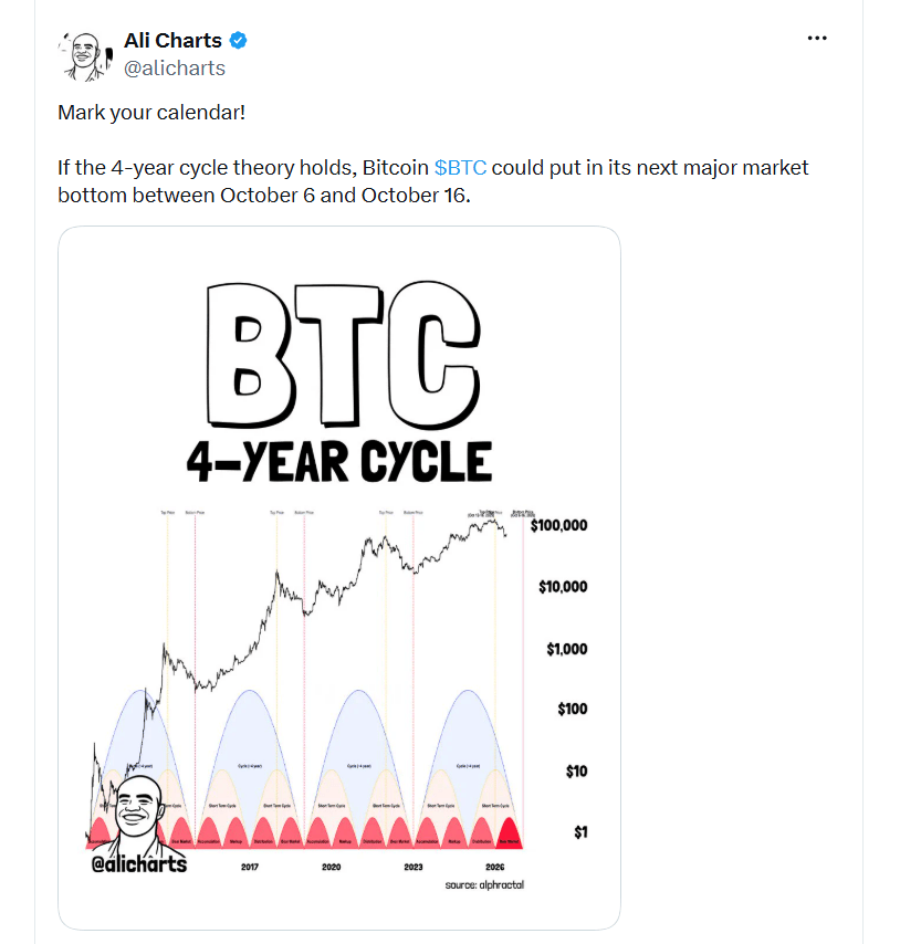 Analytik Ali Martinez upozorňuje na historický čtyřletý cyklus bitcoinu. Pokud se tento model zopakuje, další významné tržní dno by mohlo přijít mezi 6. až 16. říjnem 2026.