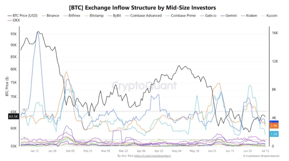 Graf ukazuje příliv bitcoinů na jednotlivé burzy od investorů držících 100 až 1 000 BTC. Aktivita této skupiny v minulosti často předcházela významným cenovým obratům a patří mezi důležité on-chain indikátory tržního sentimentu.
