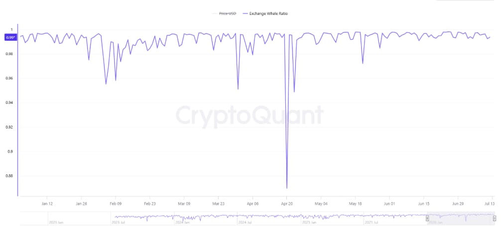 Vývoj ukazatele Bitcoin Exchange Whale Ratio na všech kryptoměnových burzách od začátku roku. Tento indikátor sleduje podíl velkých převodů bitcoinů na celkových přílivech na burzy.