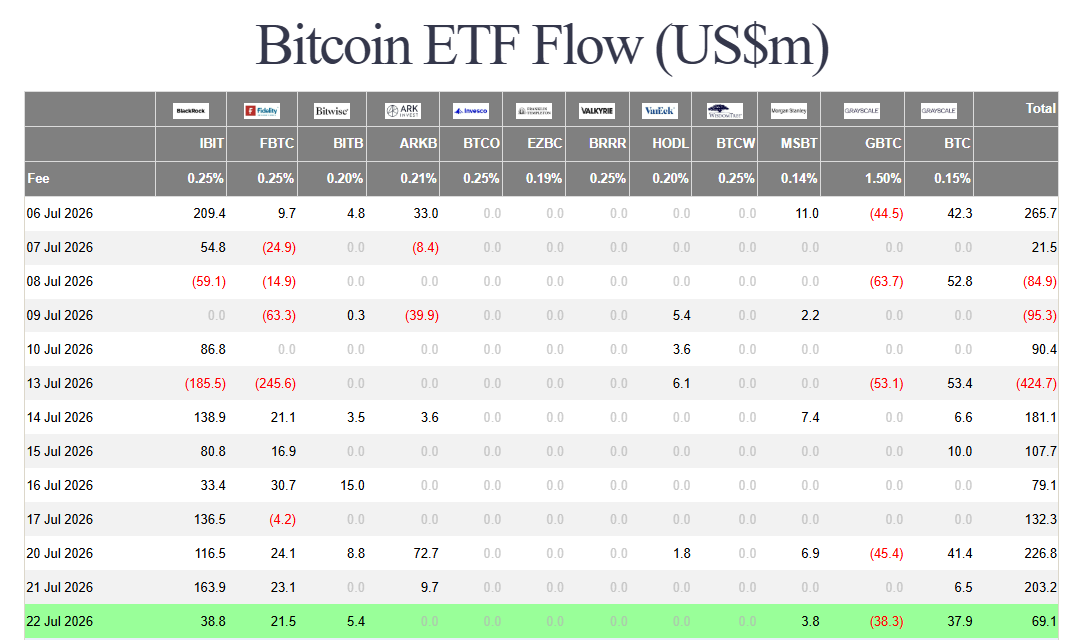 Přehled denních toků do jednotlivých amerických spotových bitcoinových ETF. Dne 22. července fondy zaznamenaly čistý příliv 69,1 milionu USD, čímž prodloužily svou sérii pozitivních obchodních dnů. Největší příliv vykázal IBIT s 38,8 milionu USD, zatímco GBTC zaznamenal odliv 38,3 milionu USD.