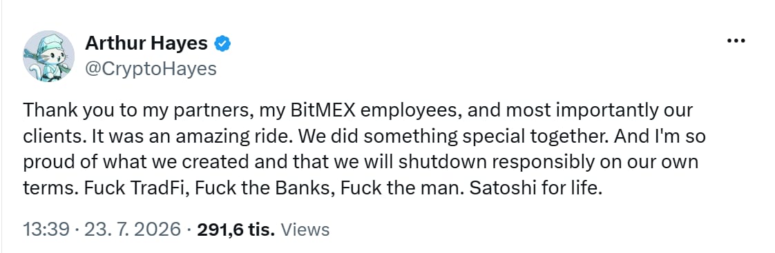 Spoluzakladatel BitMEX Arthur Hayes se s burzou rozloučil emotivním vzkazem. Poděkoval zaměstnancům i klientům a zdůraznil, že BitMEX ukončí činnost organizovaně a podle vlastních podmínek.