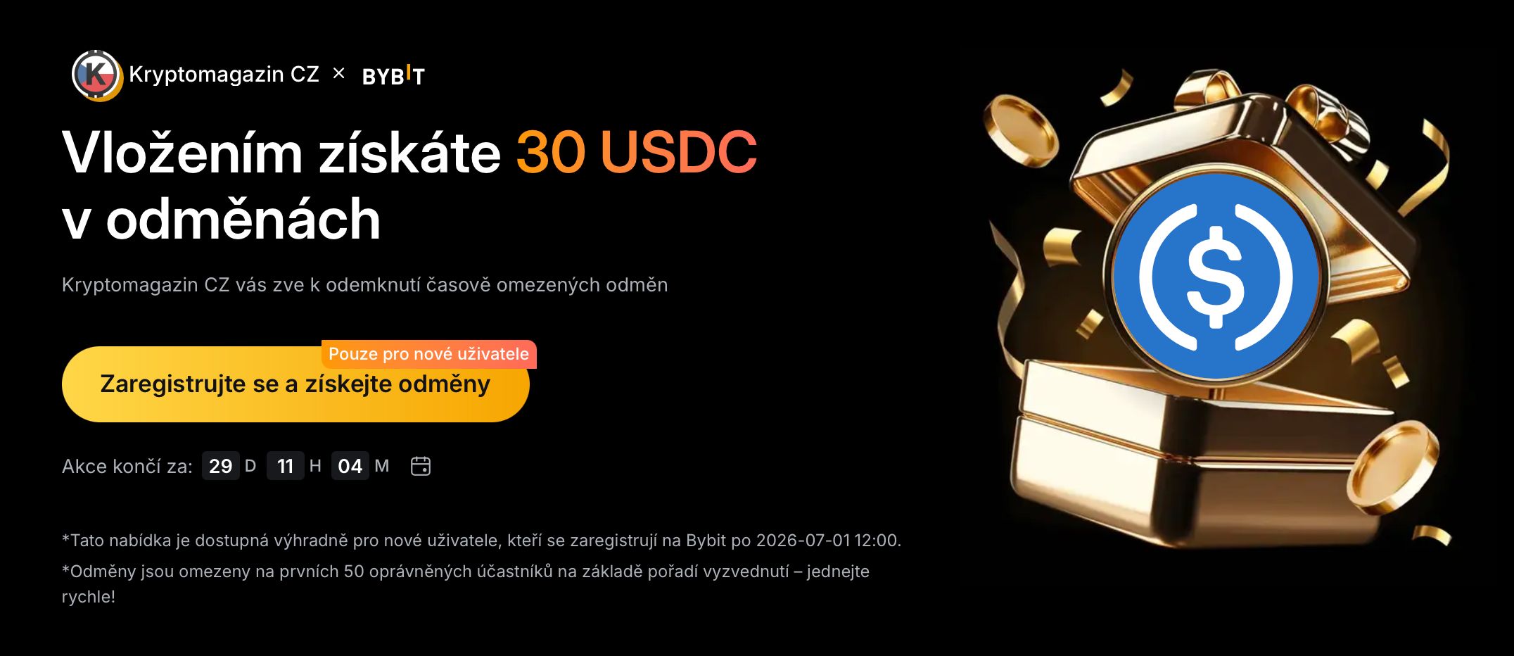 Získejte 30 USDC za vklad alespoň 100 dolarů. Zdroj: bybit.eu