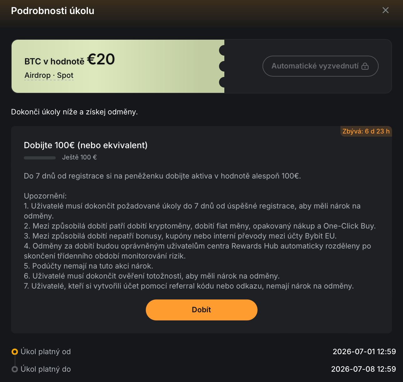 Za splnění tohoto úkolů získáte 20 EUR v bitcoinu. Zdroj: bybit.eu
