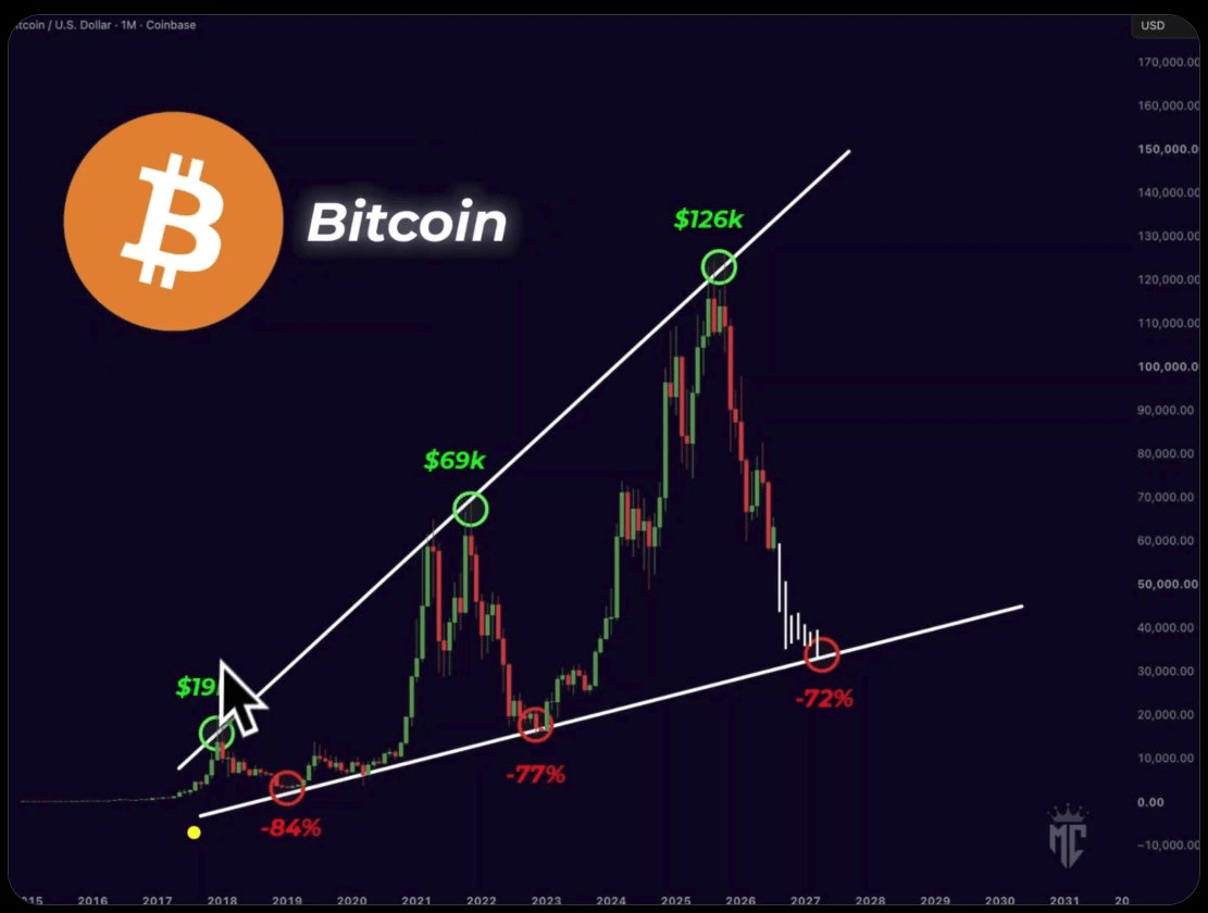 Historický cyklický vzorec ceny bitcoinu s vyznačenými vrcholy 69 000 a 126 000 USD. Zdroj: Jaroslav Jarolím (Zdroj dat: tradingview.com, Coinbase).