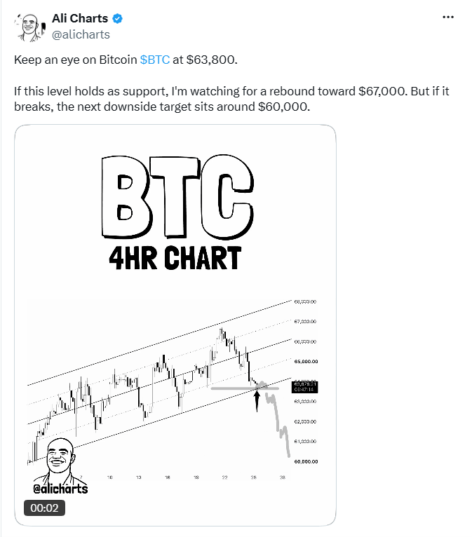 Graf podpory bitcoinu u 63 800 USD podle Aliho Martineze