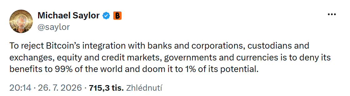 Michael Saylor hájí propojení bitcoinu s bankami a tradičním finančním systémem. Podle něj by odmítání spolupráce s bankami, burzami, korporacemi či státními institucemi výrazně omezilo potenciál bitcoinu a jeho dostupnost pro širokou veřejnost.