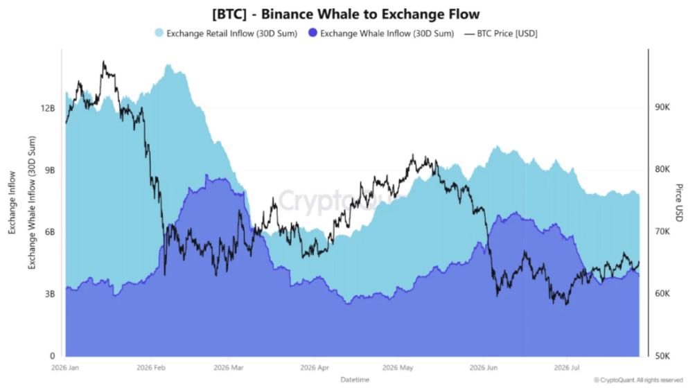 Graf přílivů bitcoinů na Binance od velryb a retailových investorů