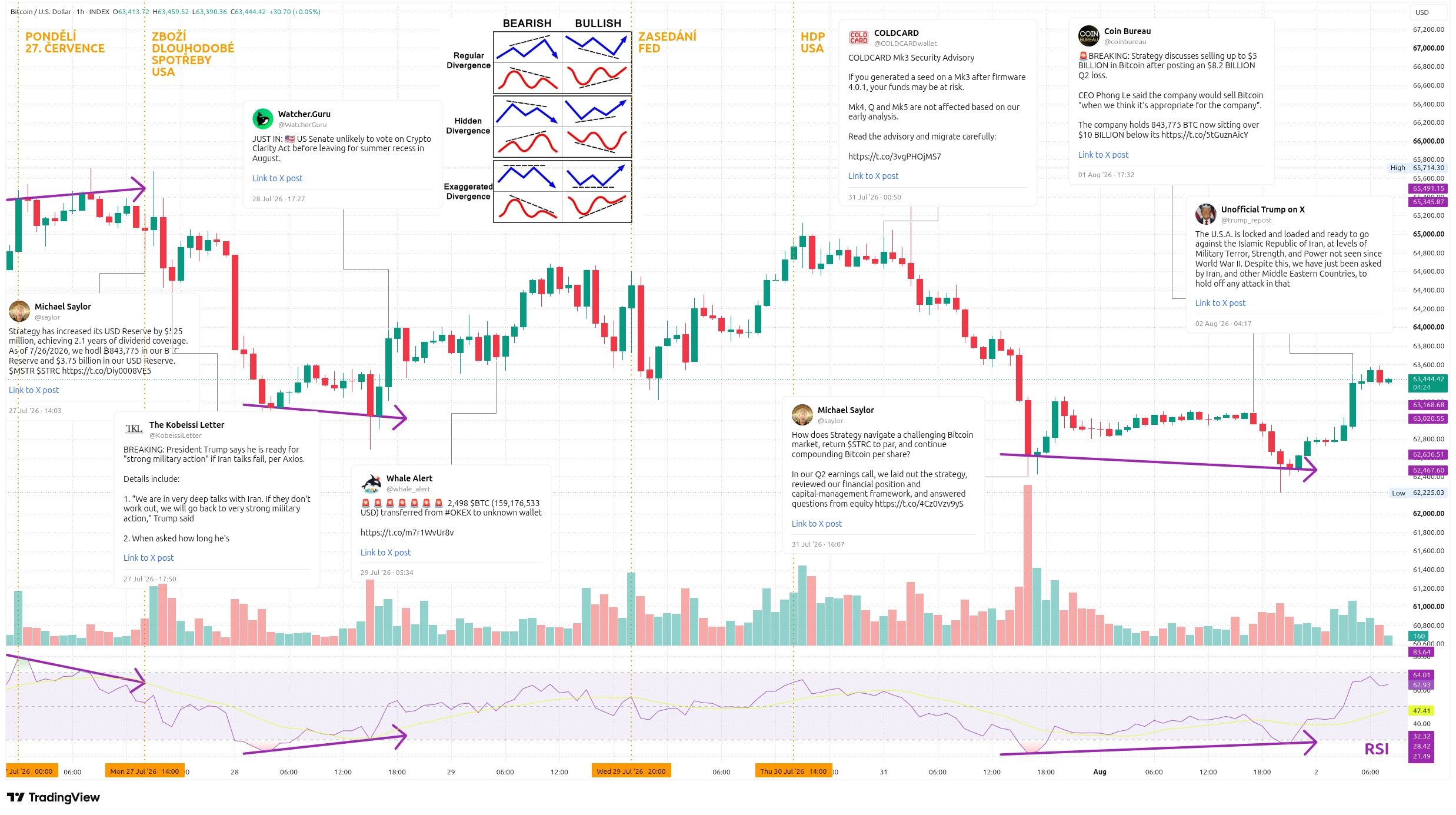 Hodinový graf kurzu ceny bitcoinu s vyznačením důležitých událostí tohoto týdne (zdroj: TradingView).