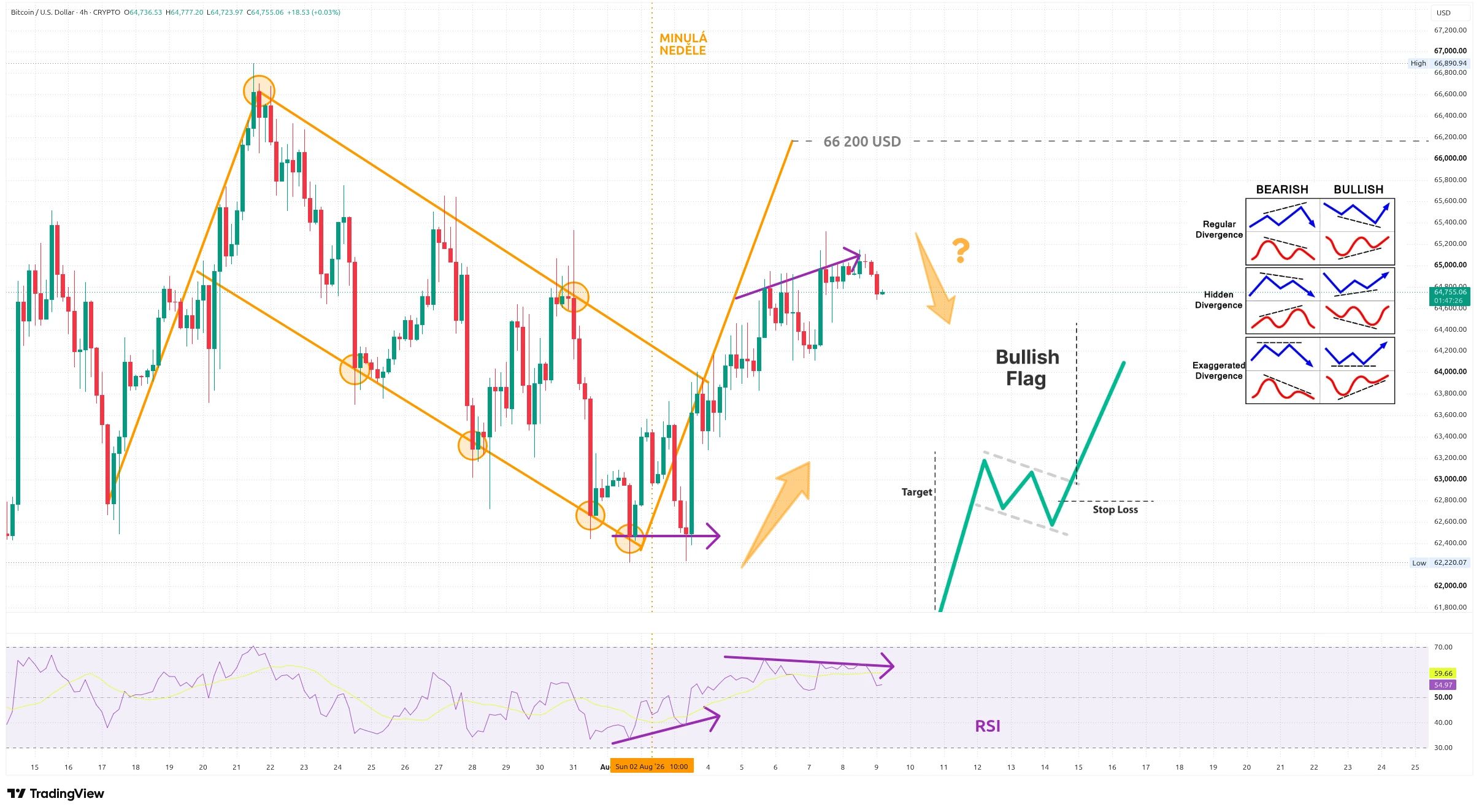 Čtyřhodinový graf kurzu ceny bitcoinu s vyznačením býčí vlajky a medvědí divergence (zdroj: TradingView).