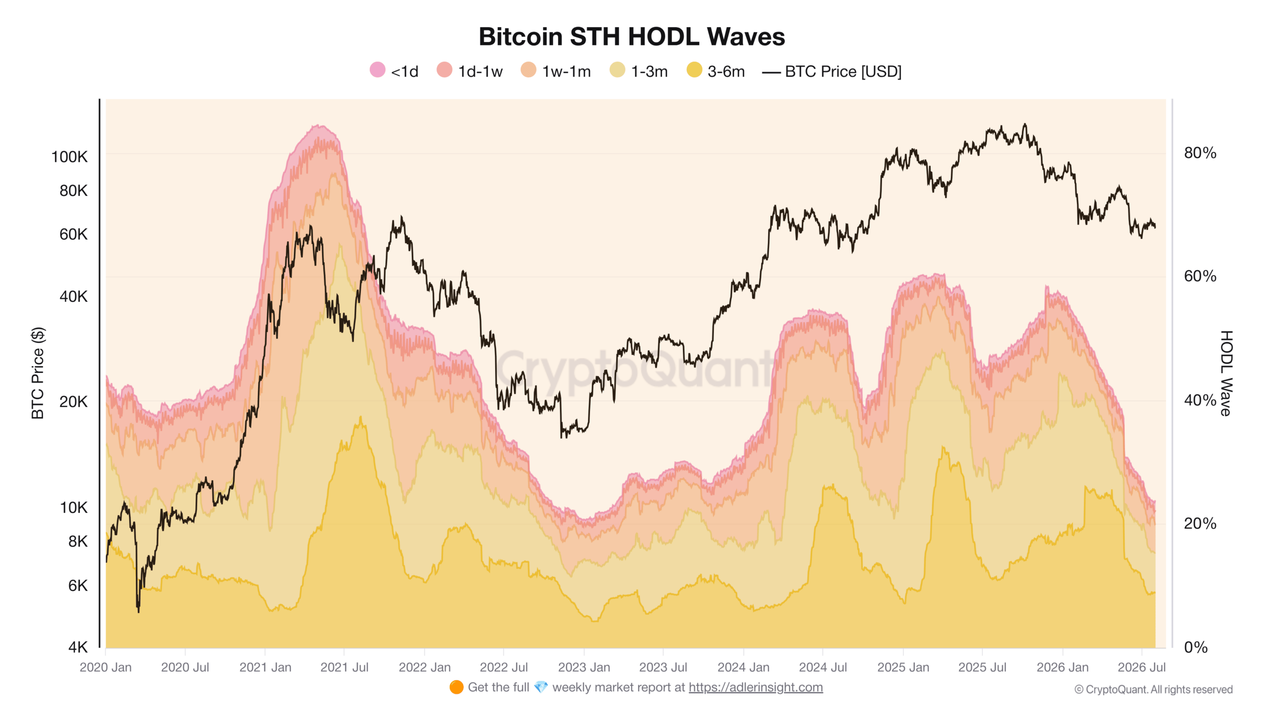 Vývoj podílu krátkodobých držitelů na trhu s Bitcoinem (zdroj: CryptoQuant / Axel Adler Jr.).