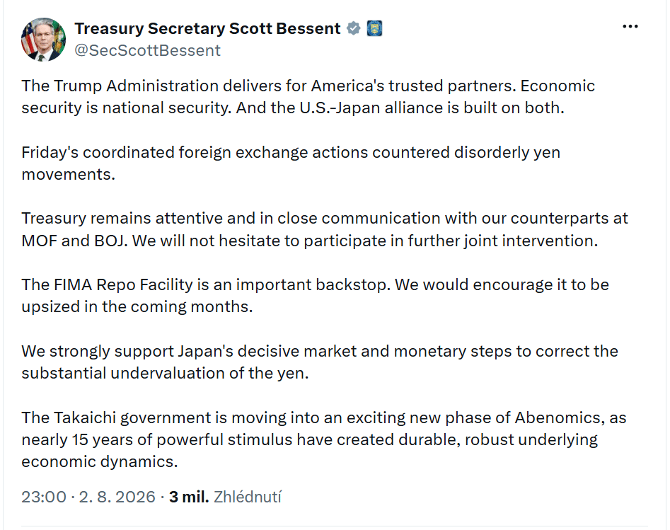 Americký ministr financí Scott Bessent potvrdil připravenost USA pokračovat ve společných intervencích s Japonskem na podporu japonského jenu, pokud to bude nutné.