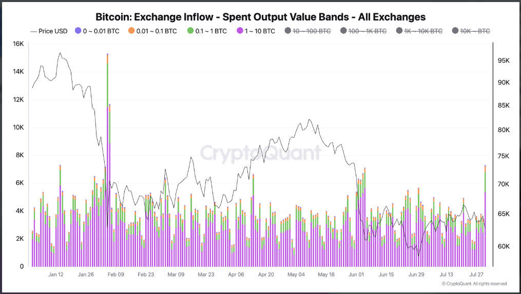 Data CryptoQuant ukazují, že zvýšený příliv bitcoinů na burzy tvořily především transakce o velikosti 1 až 10 BTC. Právě tato kategorie zaznamenala po incidentu nejvýraznější nárůst aktivity.
