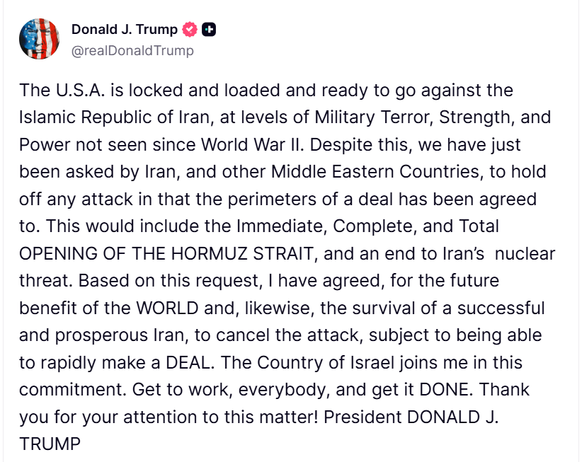 Donald Trump uvedl, že odložil plánovaný útok na Írán kvůli možnosti uzavřít dohodu, která by zahrnovala otevření Hormuzského průlivu a omezení íránského jaderného programu.
