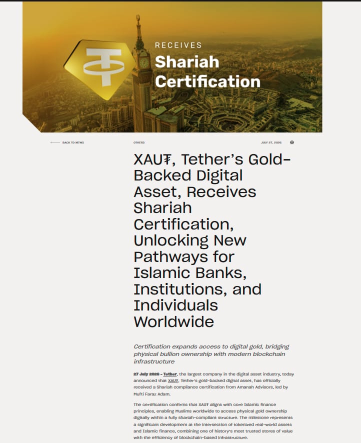 Tether Gold (XAUt) získal šaría certifikaci od Amanah Advisors, která potvrzuje soulad produktu s principy islámského financování. Díky tomu se tokenizované zlato může otevřít širšímu okruhu islámských bank, institucí i investorů po celém světě.