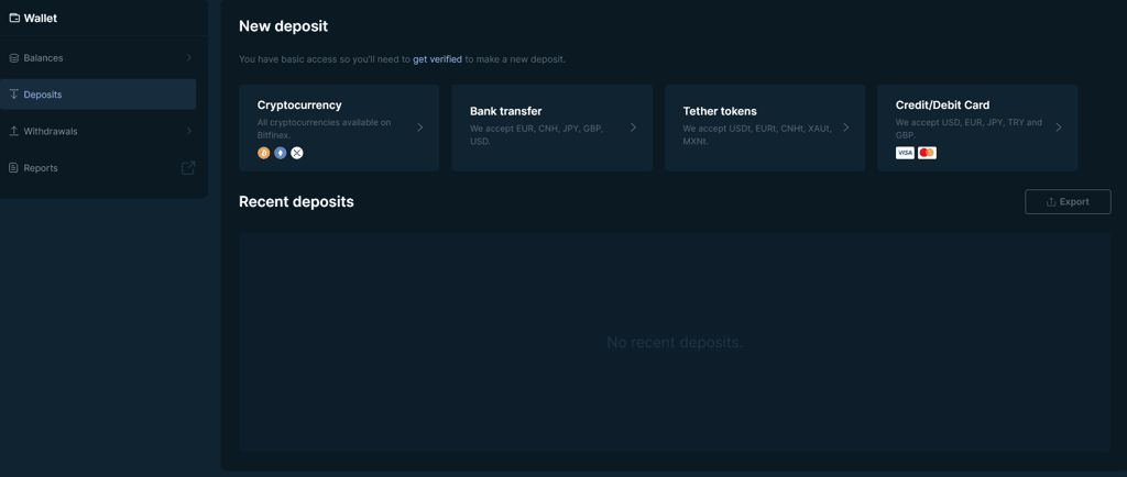 Stránka s vklady kryptoměn nebo fiat měny na Bitfinex