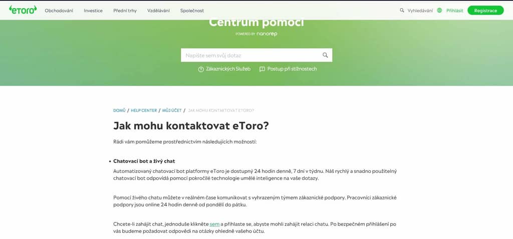 Zákaznická podpora na eToro