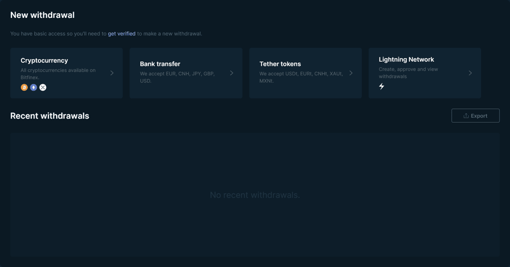 Výběry kryptoměn a fiatu na Bitfinex, zdroj: Bitfinex