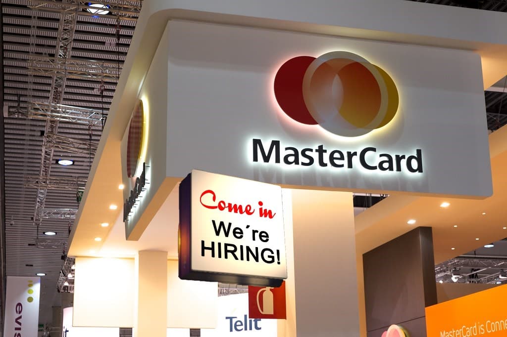 mastercard, karta, zaměstnání, přijímáme, zaměstnance, blockchain, peněženky, cedule