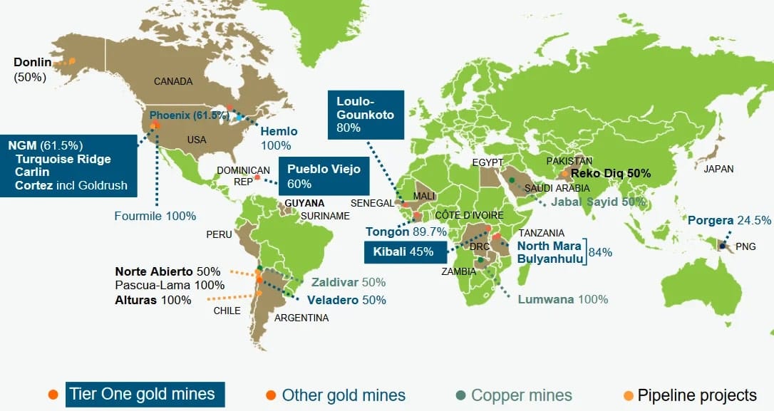 Lokace těžebních dolů společnosti Barrick Gold Corporation.