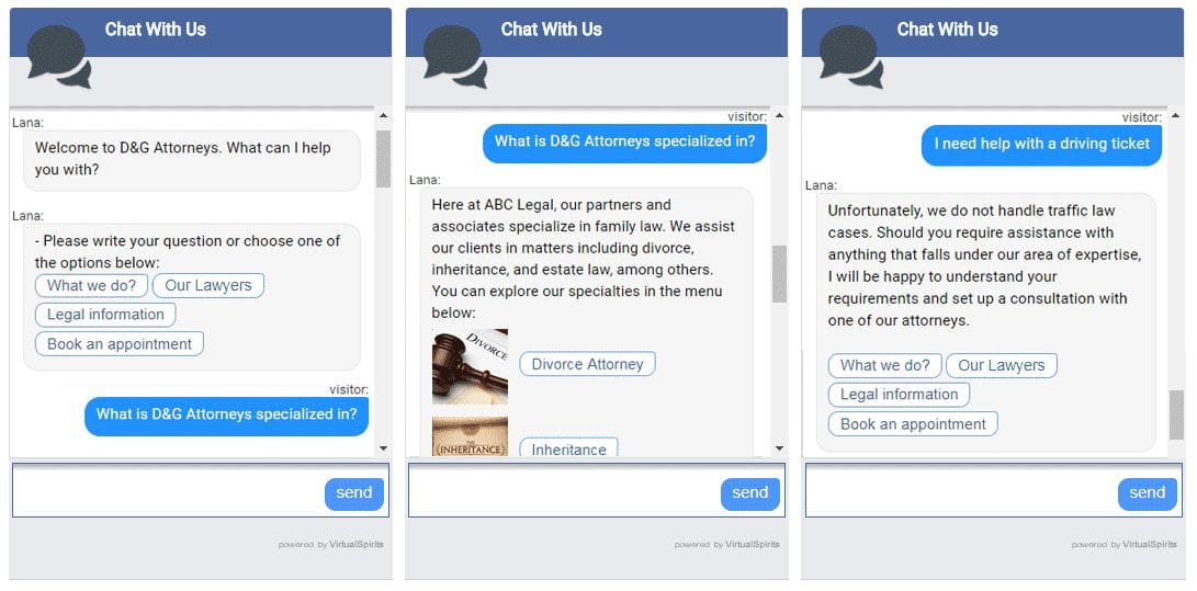 Ukázka z konverzace s právním chatbotem společnosti VirtualSpirits