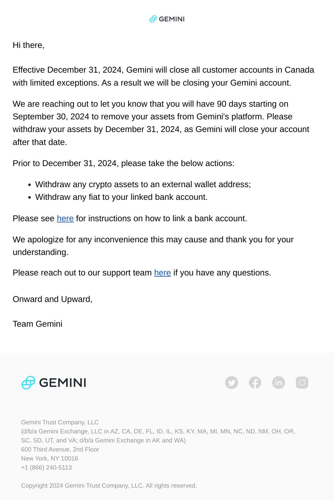 Mail, který burza včera rozeslala kanadským uživatelům. Pravděpodobně podlehla nové regulaci (zdroj: Gemini).