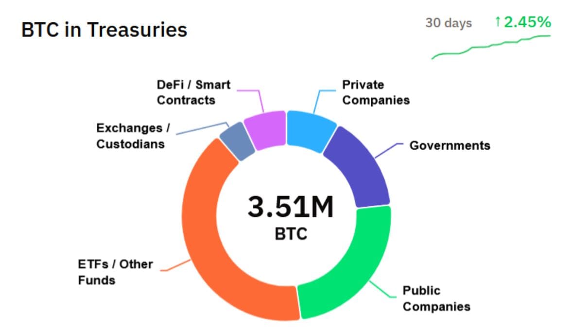 Struktura držeb BTC napříč fondy, firmami, vládami a DeFi sektorem. Zdroj: BitcoinTreasuries.NET
