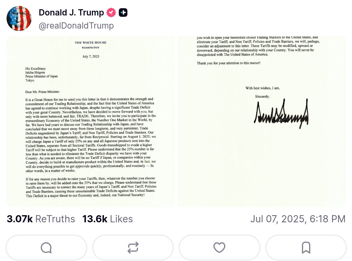 Náhled zveřejněného dopisu Japonsku na sociální síti Donalda Trumpa (zdroj: truthsocial.com/@realDonaldTrump).