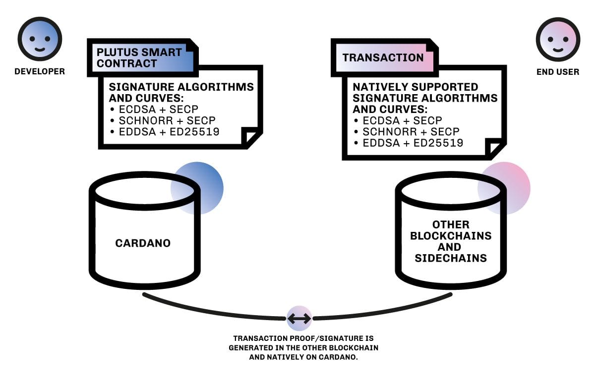 Schéma, jak budou kryptografická primitiva Plutus SECP na Cardano zajišťovat komunikaci s dalšími blockchainy (zdroj: essentialcardano.io).