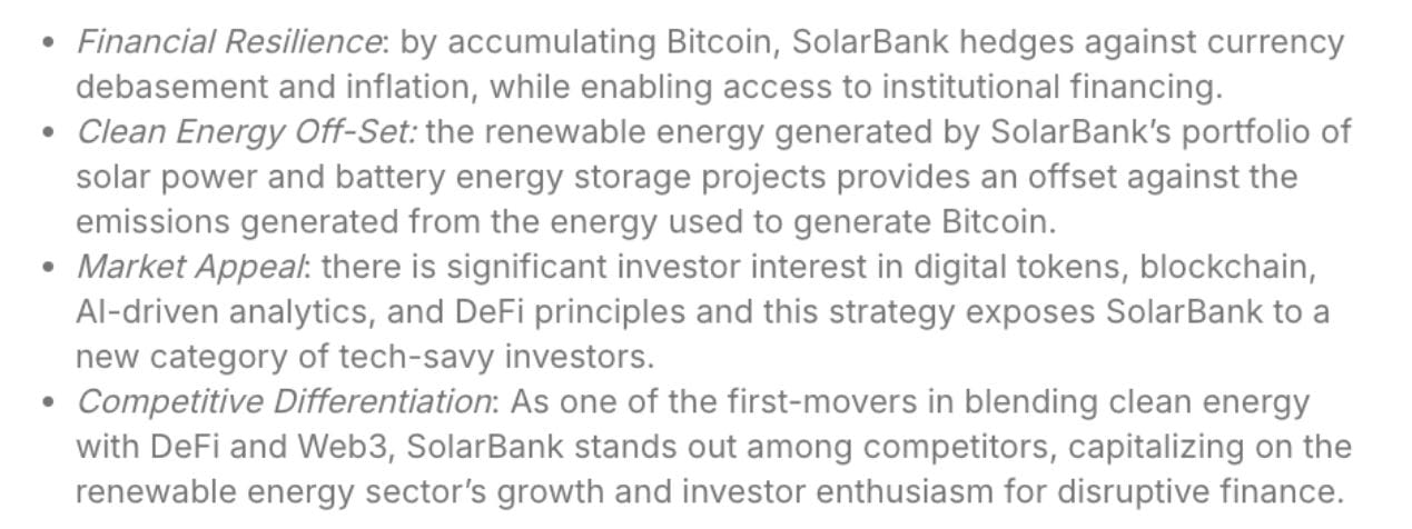 Důvody, proč se SolarBank rozhodla pro bitcoinové rezervy. Zdroj: SolarBank