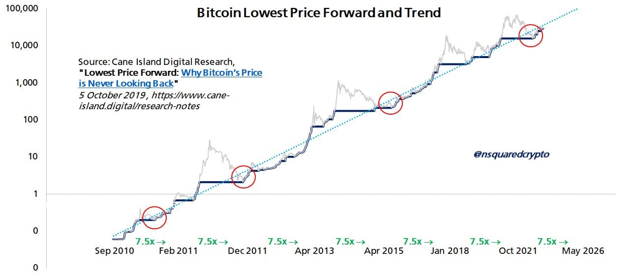 Vyznačené opakující se vzorce v růstu ceny bitcoinu od roku 2010 (zdroj: Timothy Peterson aka @nsquaredcrypto / X).