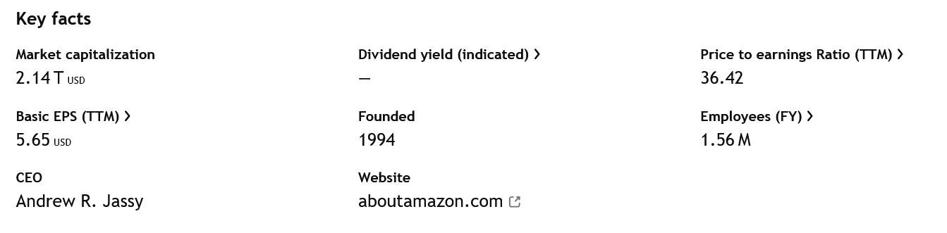 Klíčové údaje o společnosti Amazon. 