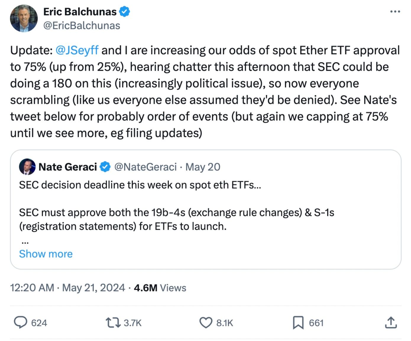 Analytici Bloomberg zvýšili šance na schválení spotového ETF Ether z 25 % na 75 %. Zdroj: X