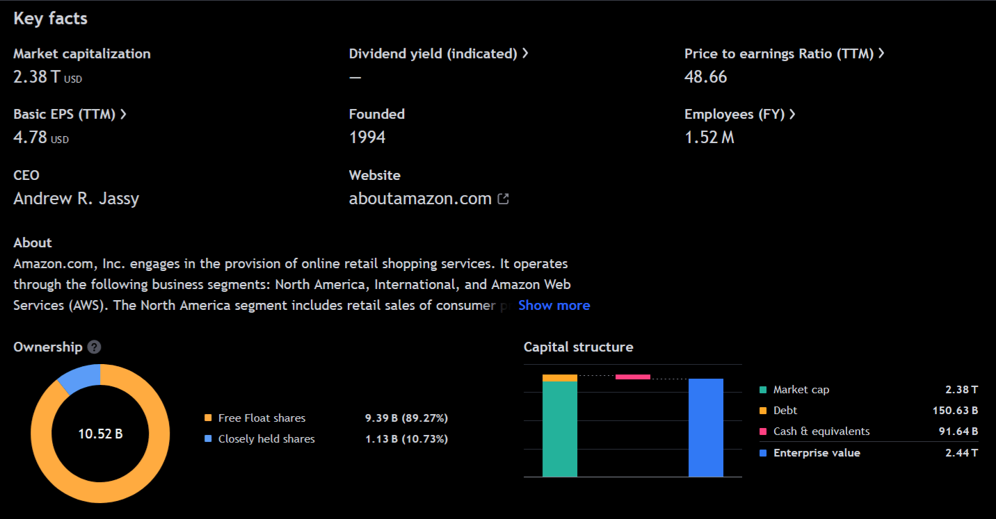 Klíčové informace o společnosti Amazon. Zdroj Tradingview.com