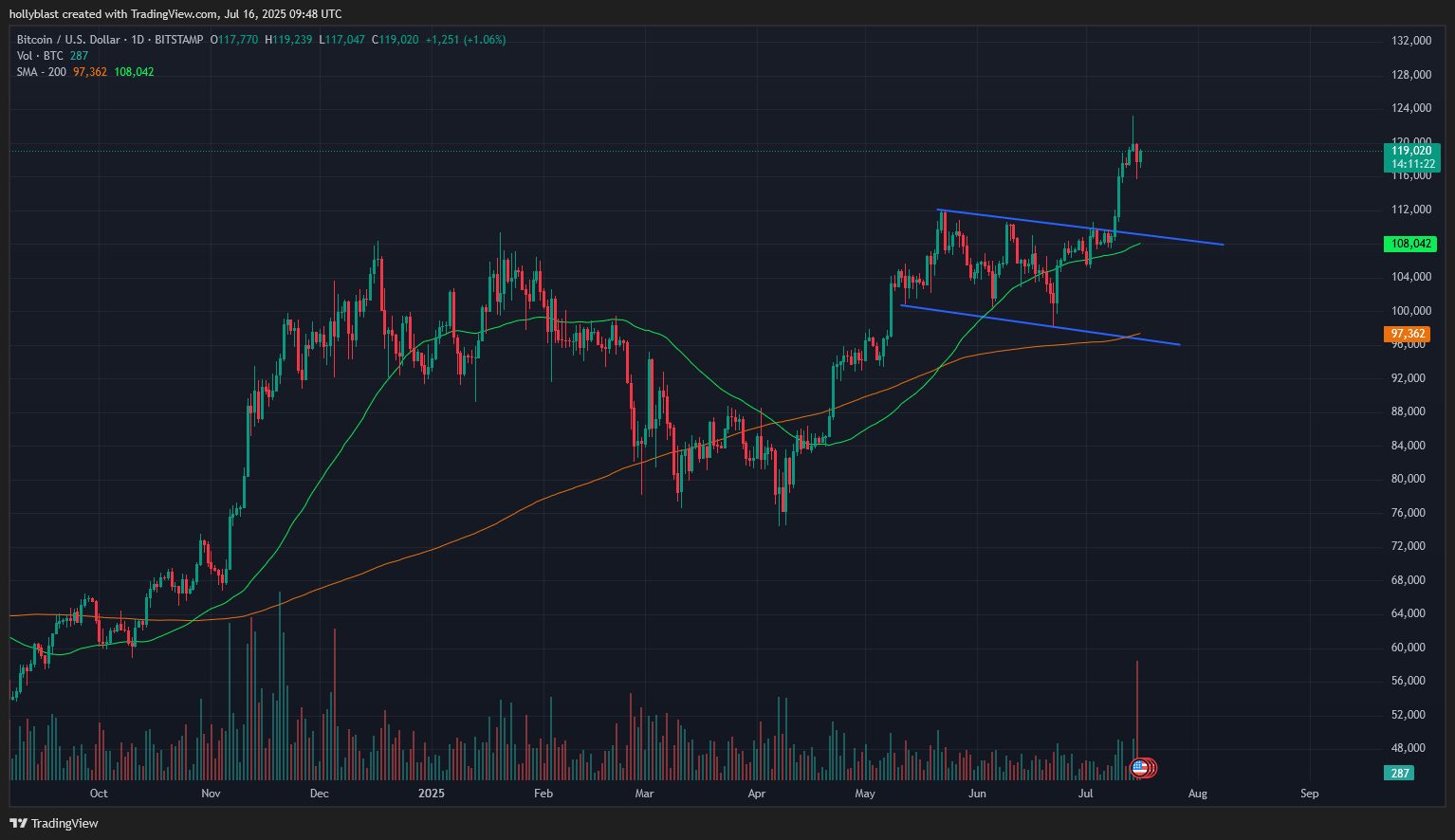 Průlom formace býčí vlajka na BTC grafu. Zdroj Tradingview.com