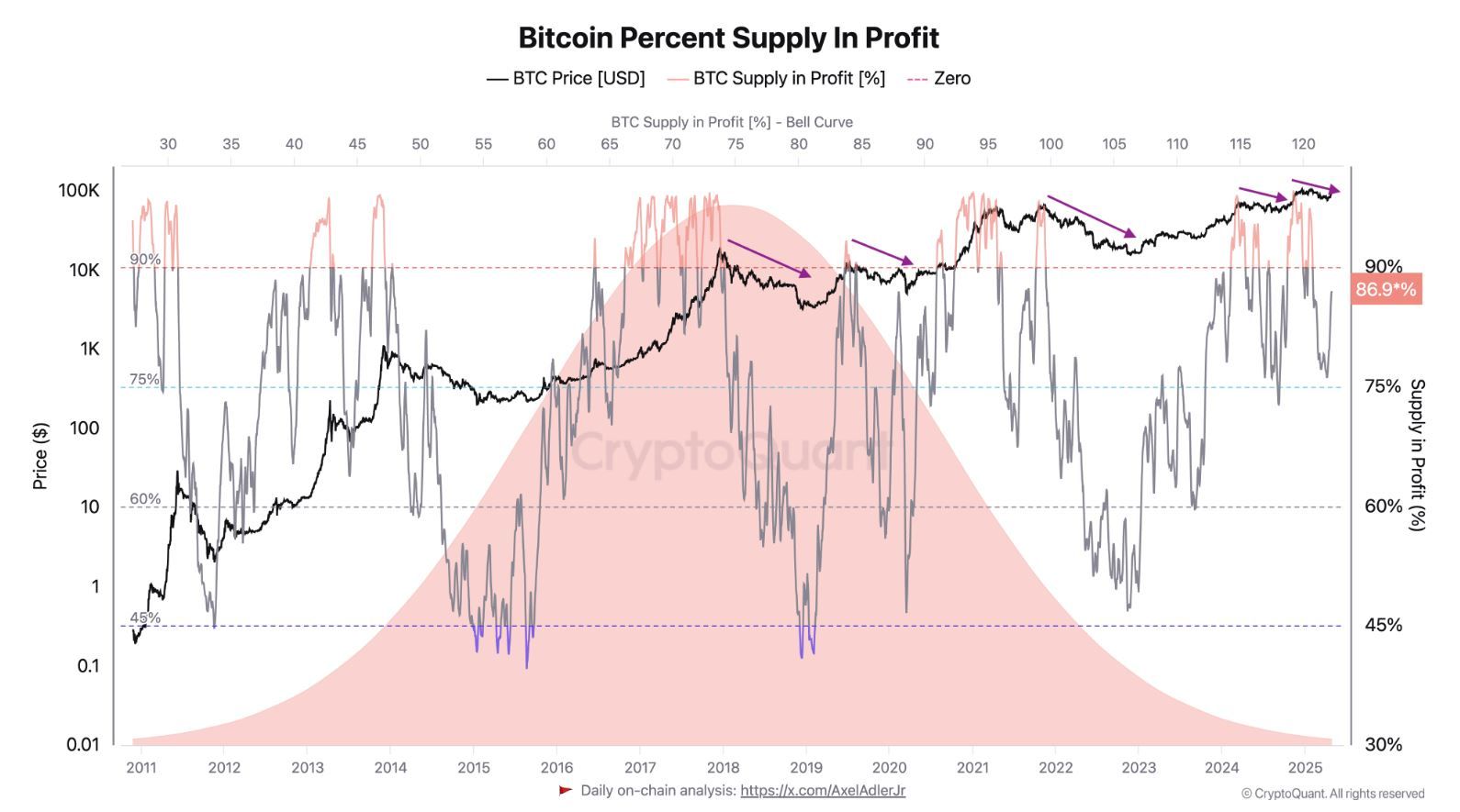 Podíl nabídky bitcoinu v zisku. Zdroj: CryptoQuant