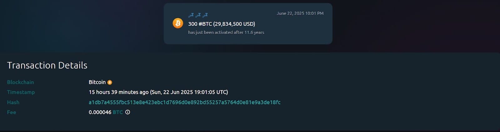 Investor po více než dekádě prodal 300 BTC. Zdroj: Whale Alert