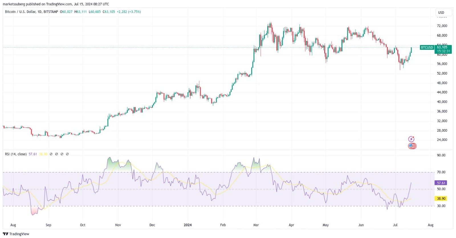 Graf BTC/USD s indikátorem RSI. 