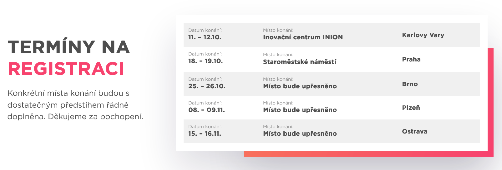 Termínů existuje hned více dle lokalit, takže si můžete vybrat přesně tu vhodnou pro vás.