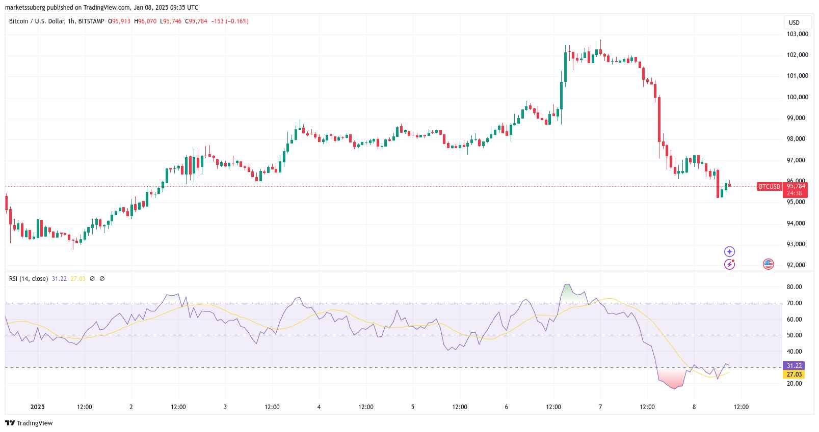 Hodinový graf BTC/USD s daty RSI. Zdroj: Cointelegraph/TradingView
