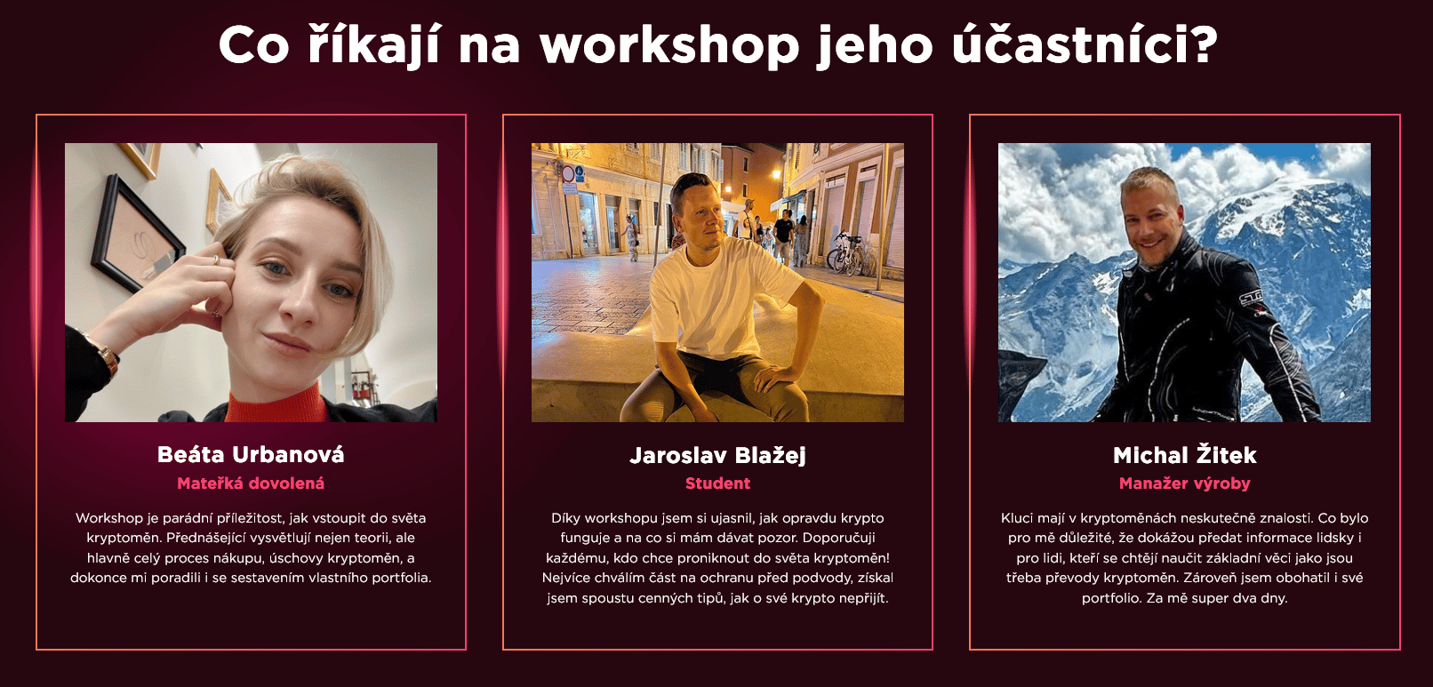 Zkušenosti účastníků s krypto workshopem.