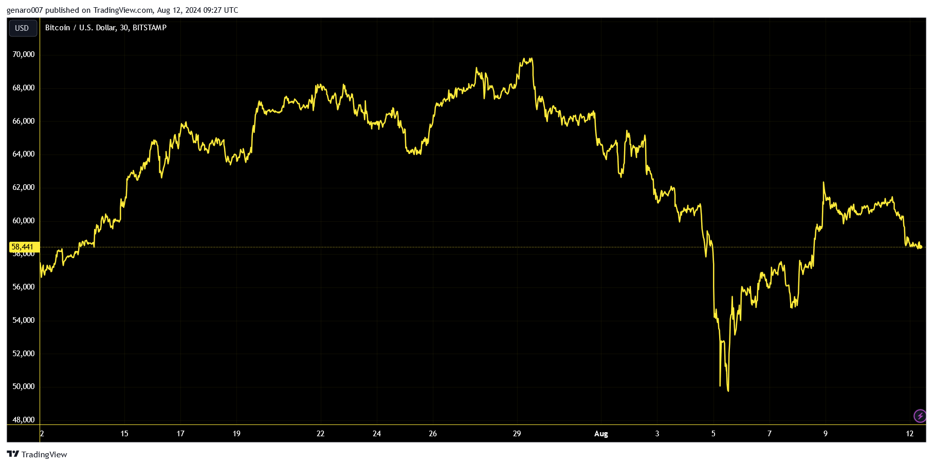 Vývoj bitcoinu za poslední měsíc.