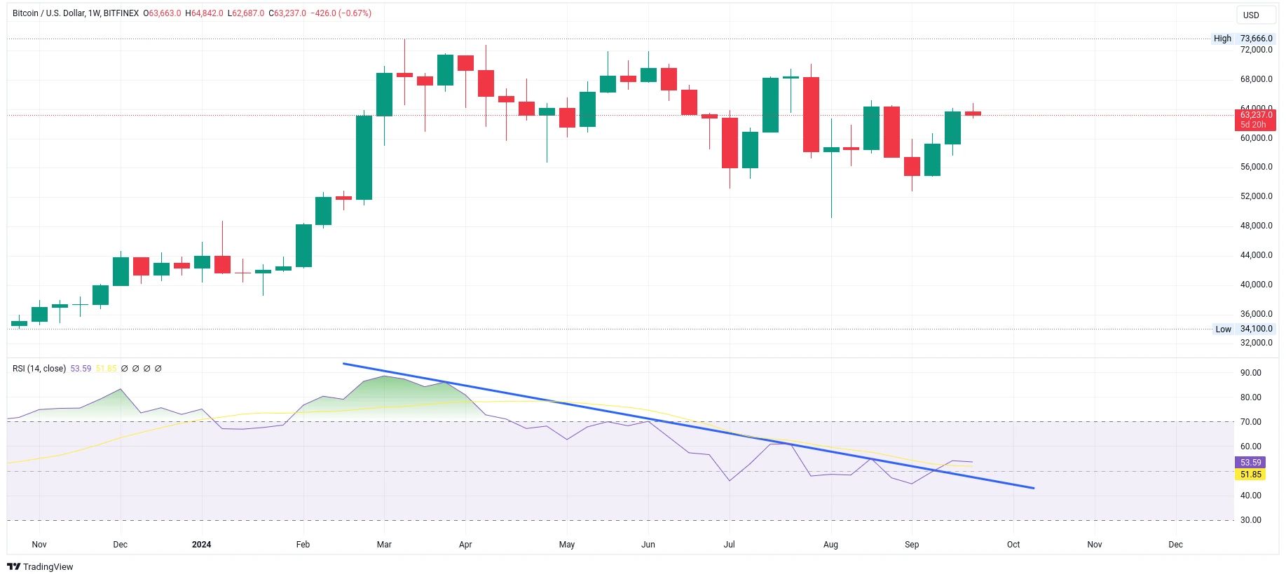 Týdenní graf kurzu ceny bitcoinu s vyznačeným trendem na RSI (zdroj: TradingView).