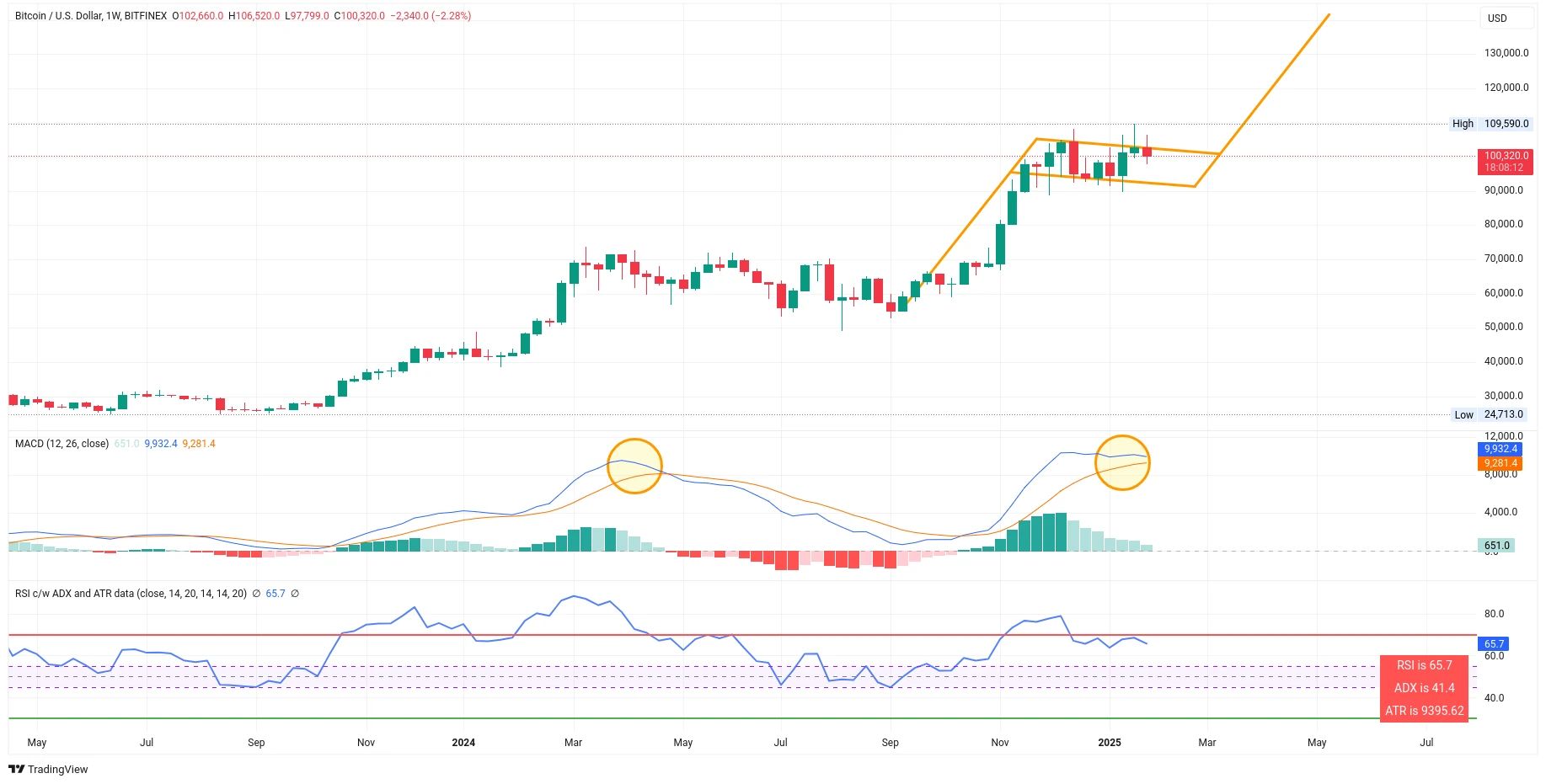 Týdenní graf kurzu ceny bitcoinu s MACD a RSI (zdroj: TradingView).