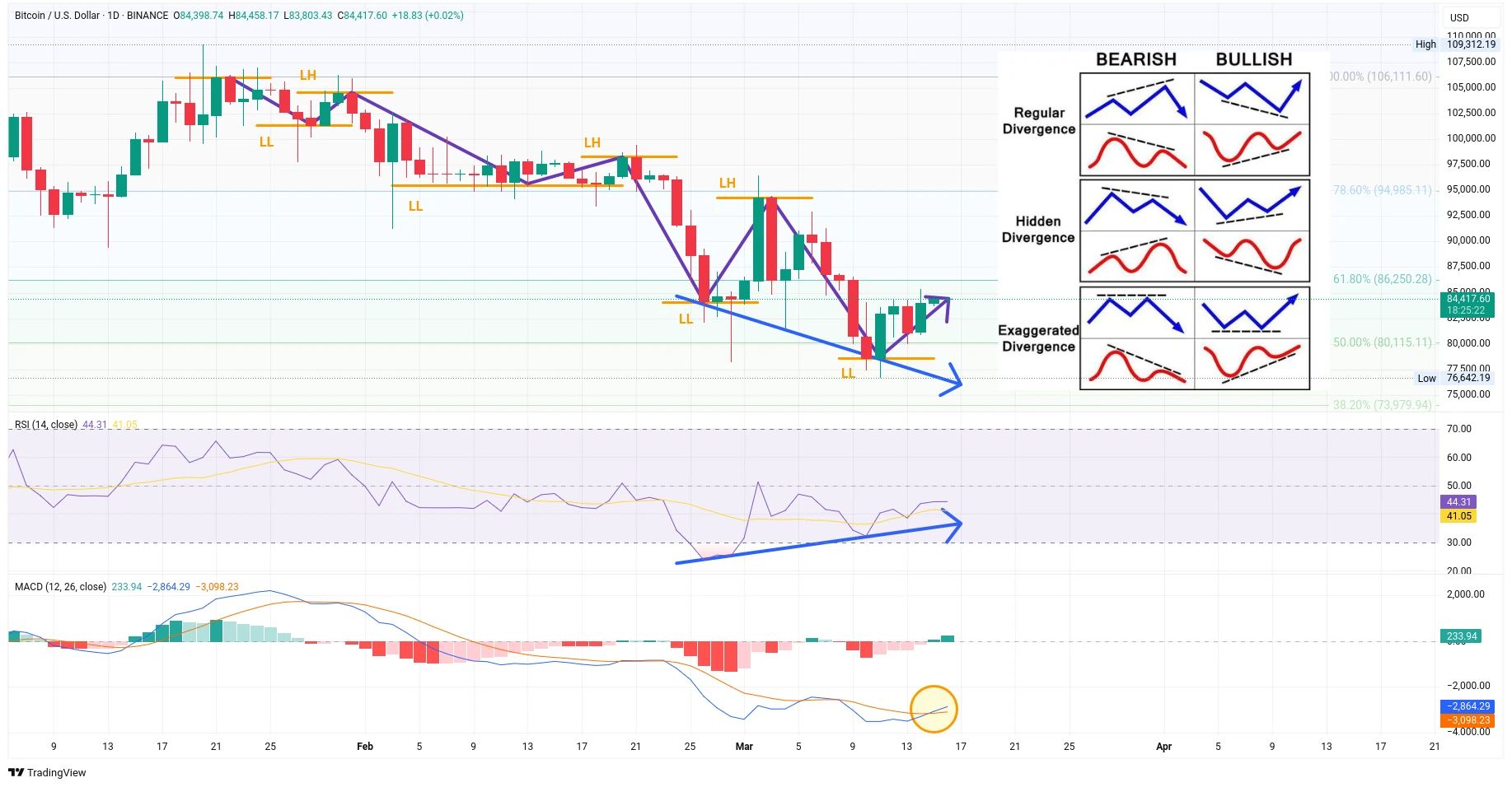 Denní graf kurzu ceny bitcoinu s indikátory RSI, MACD a Fibonacciho retracementem (zdroj: TradingView).