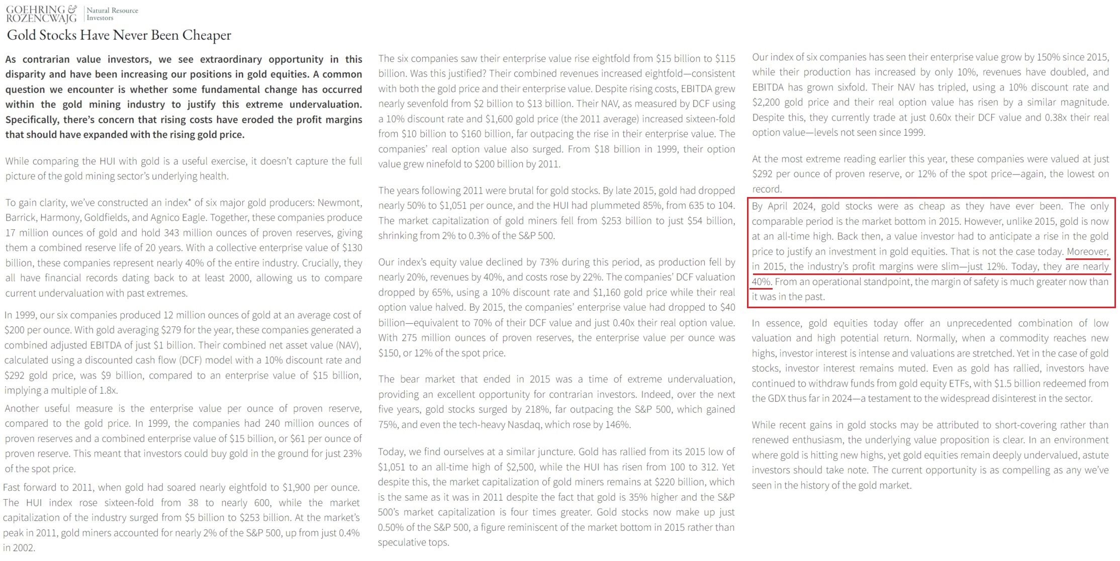 Goehring & Rozencwajg Fund, Gold stocks have never been cheaper