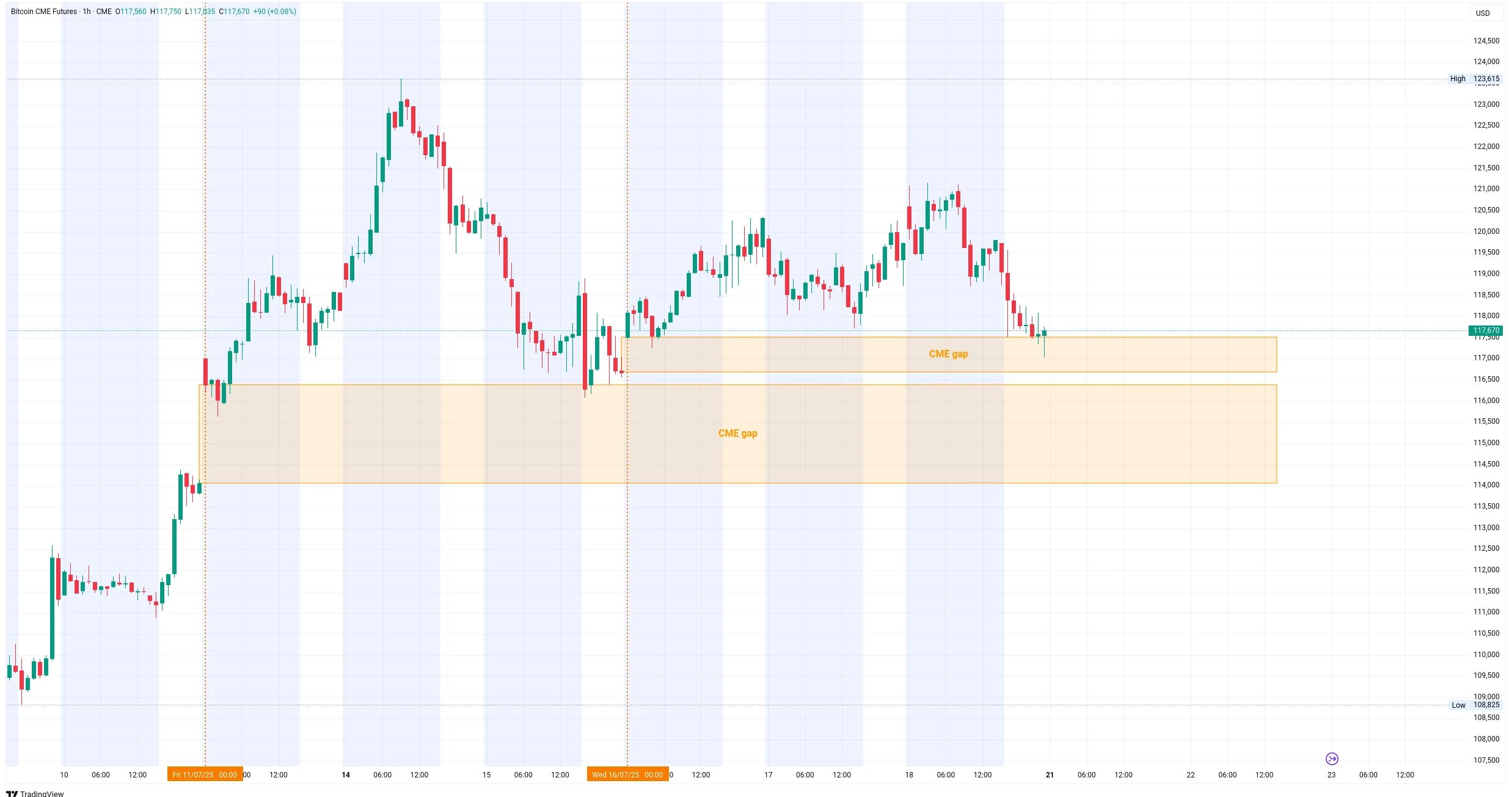 Hodinová graf kurzu ceny Bitcoinu na chicagské burze CME (zdroj: TradingView).