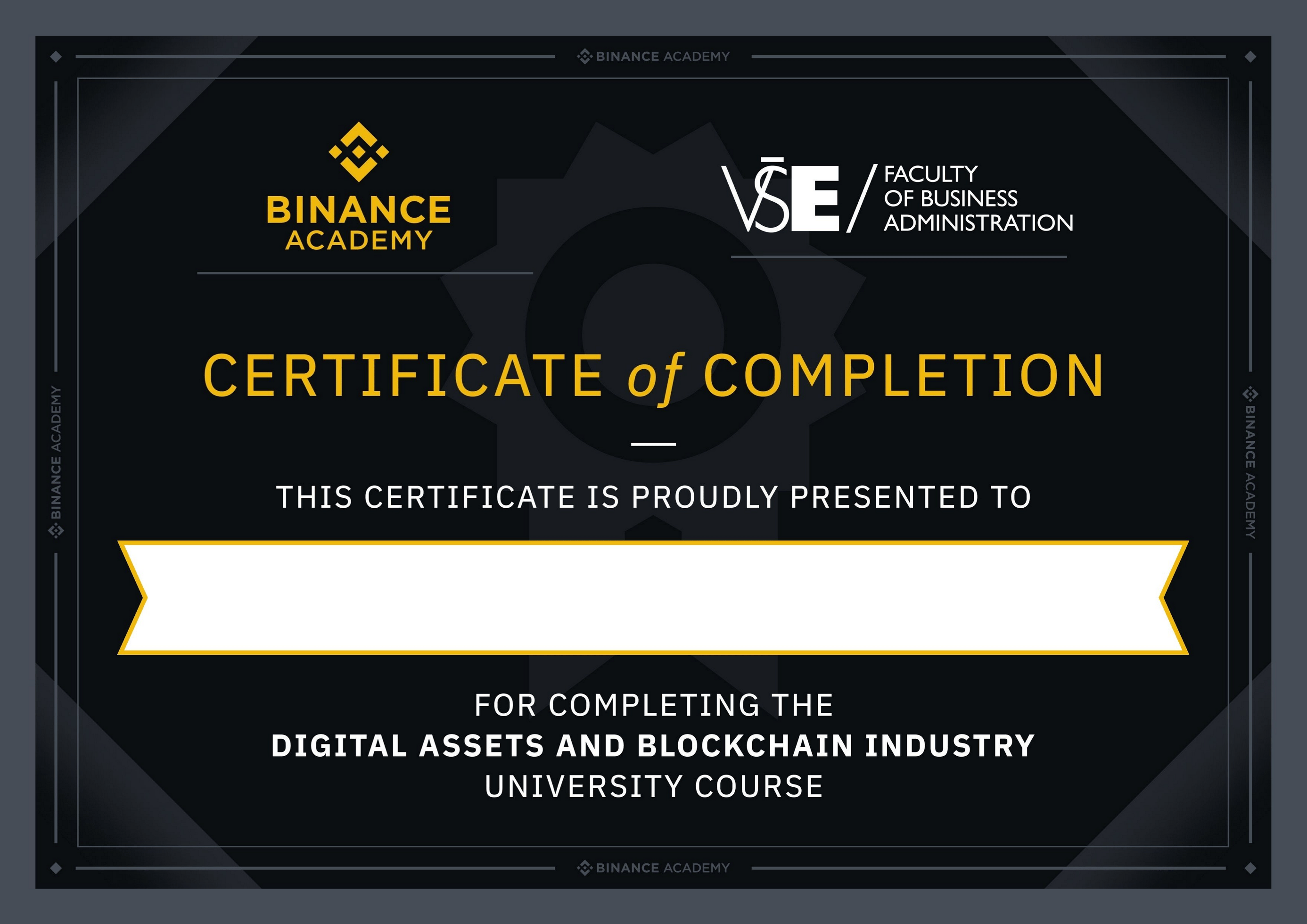 Certifikát po absolvování kurzu Digital Assets and Blockchain Industry