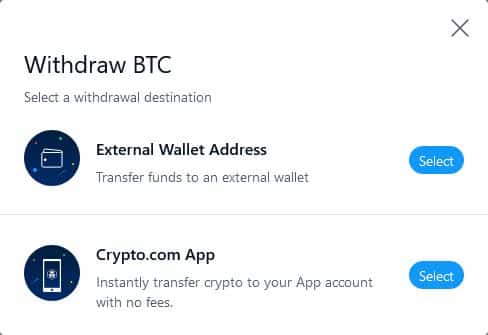 Volba externí peněženky nebo crypto.com app